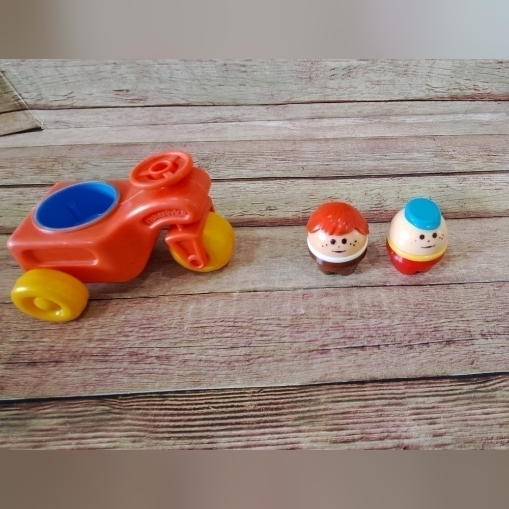Vintage Fisher-Price Little People Chunky Figures and Orange Tractor Boy Girl